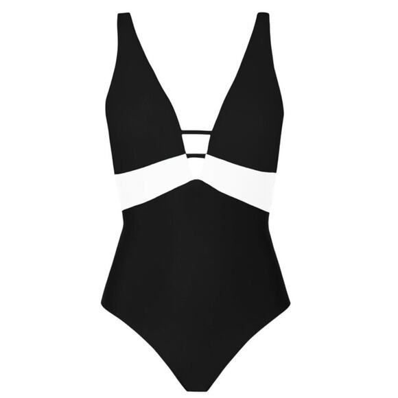 CUPSHE Women’s 1 Piece Swimsuit L Black White Colorblock Deep V Neck Wide Strap - Picture 4 of 9